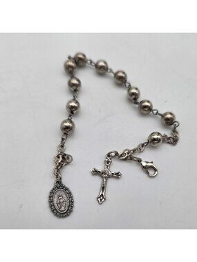 Silver Rosary Bracelet Cross & Virgin Mary Charms Beaded Chain Lobster Clasp